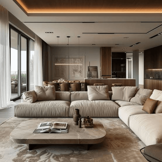 Warm contemporary residential living room with neutral finishes