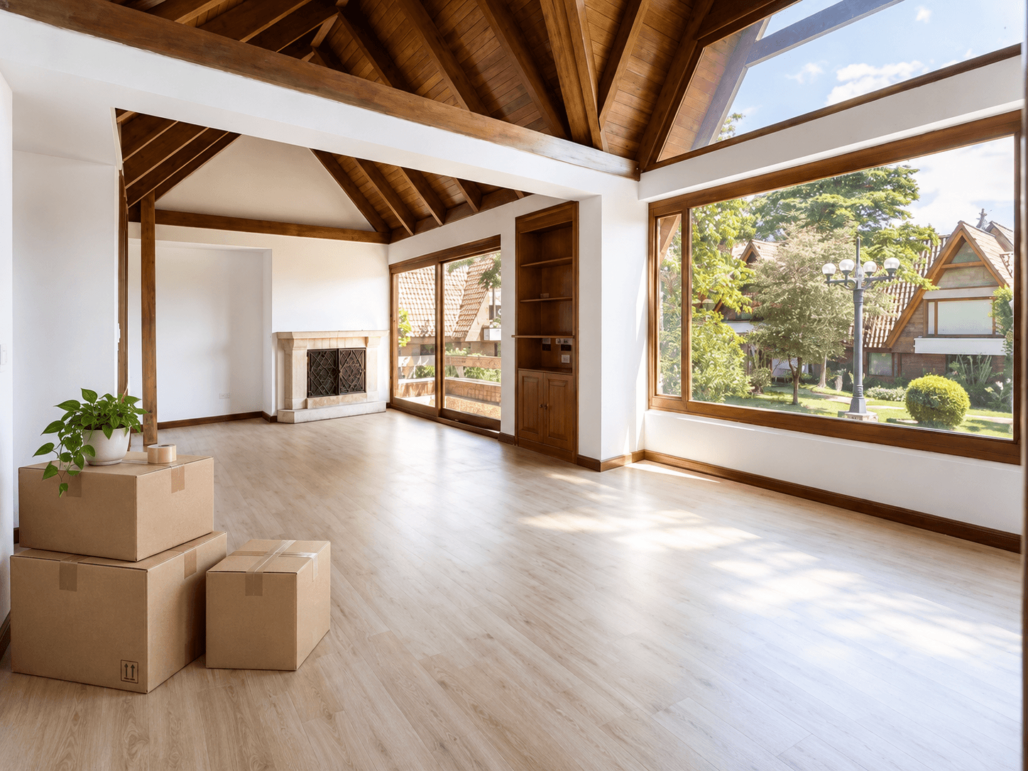 Bright empty residential interior with moving boxes